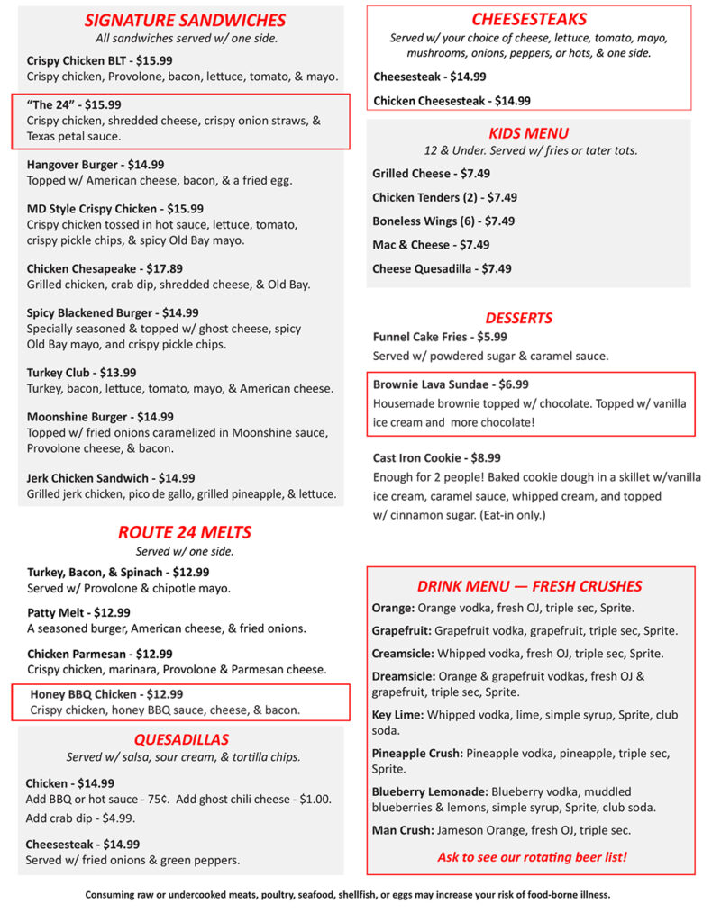 Menu | Route 24 Ale House